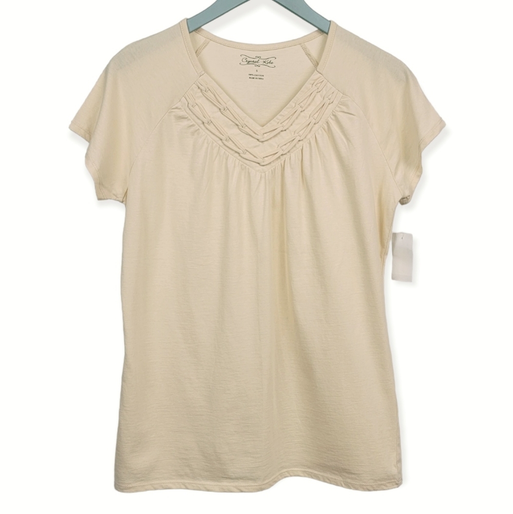 Crystal Kobe Cream Colored Embellished V-Neck Cotton Tee New!‎ Small
